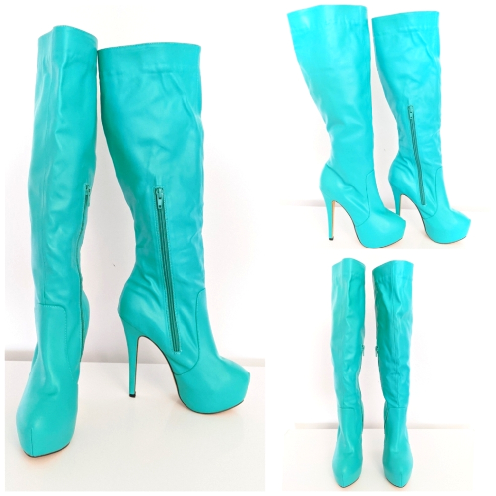 Knee High Heels Platform Boots Blue Green Menth